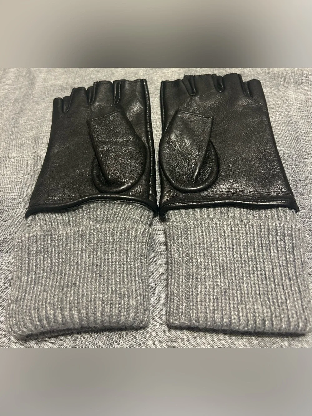 Lauren Ralph Lauren Black Leather Fingerless Gloves with Gray Knit Cuffs Size L